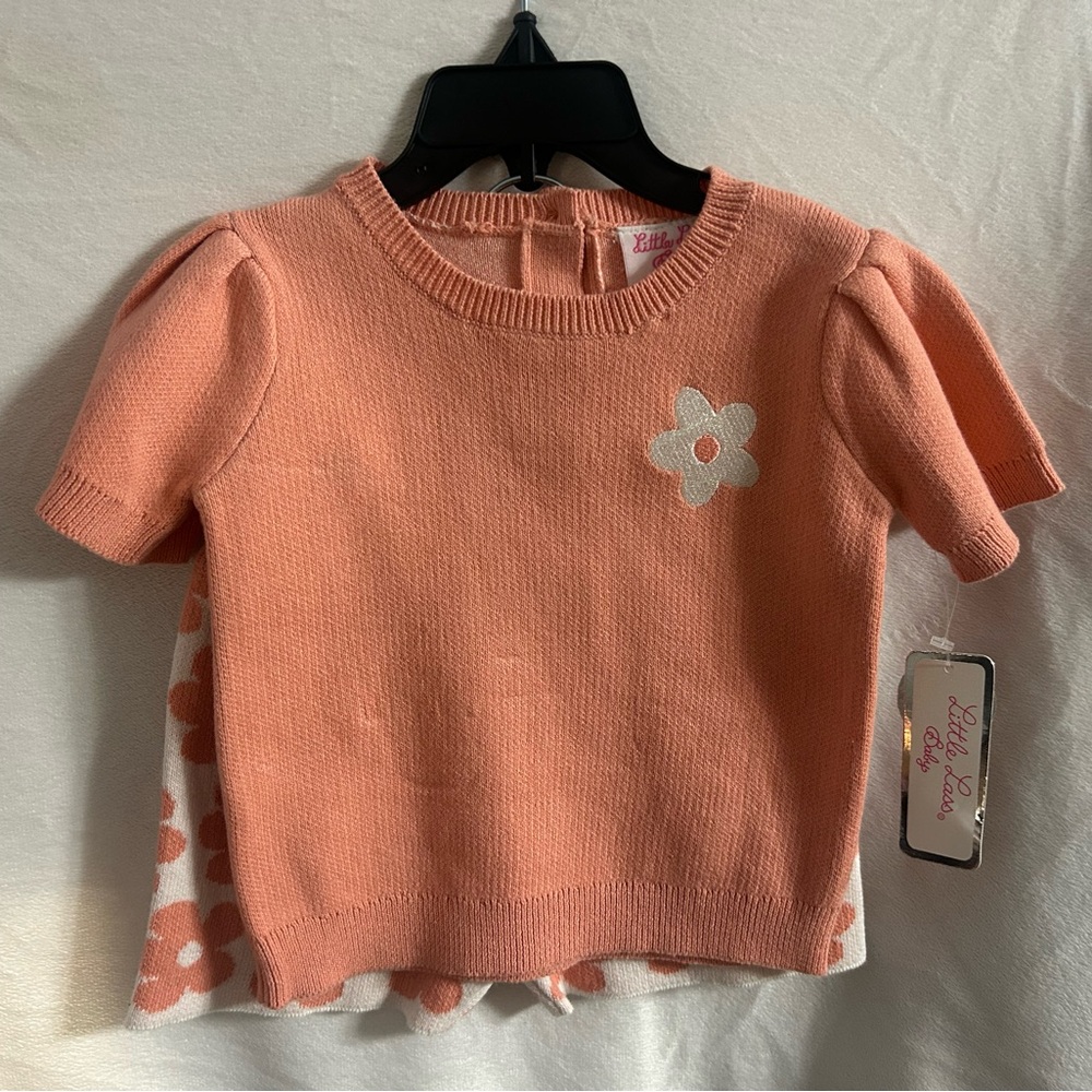 Little Lass Coral Knit Sweater with Flower Accent